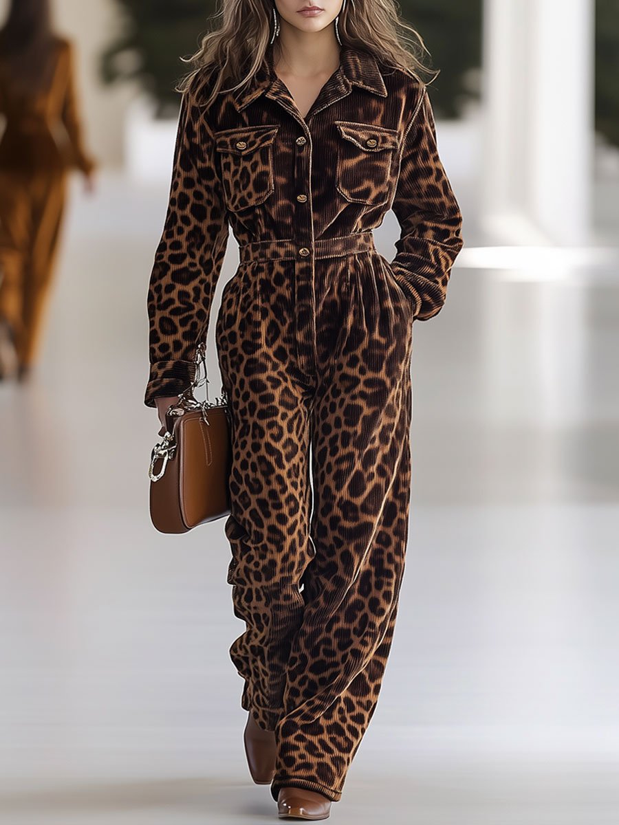 [24-hour shipping out]Casual Loose Retro Corduroy Leopard Print Multi-Pocket Long Sleeve Jumpsuit