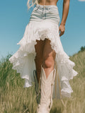 [24-hour shipping out]Romantic And Fashionable Short Front And Long Back Lace Patchwork Denim Skirt