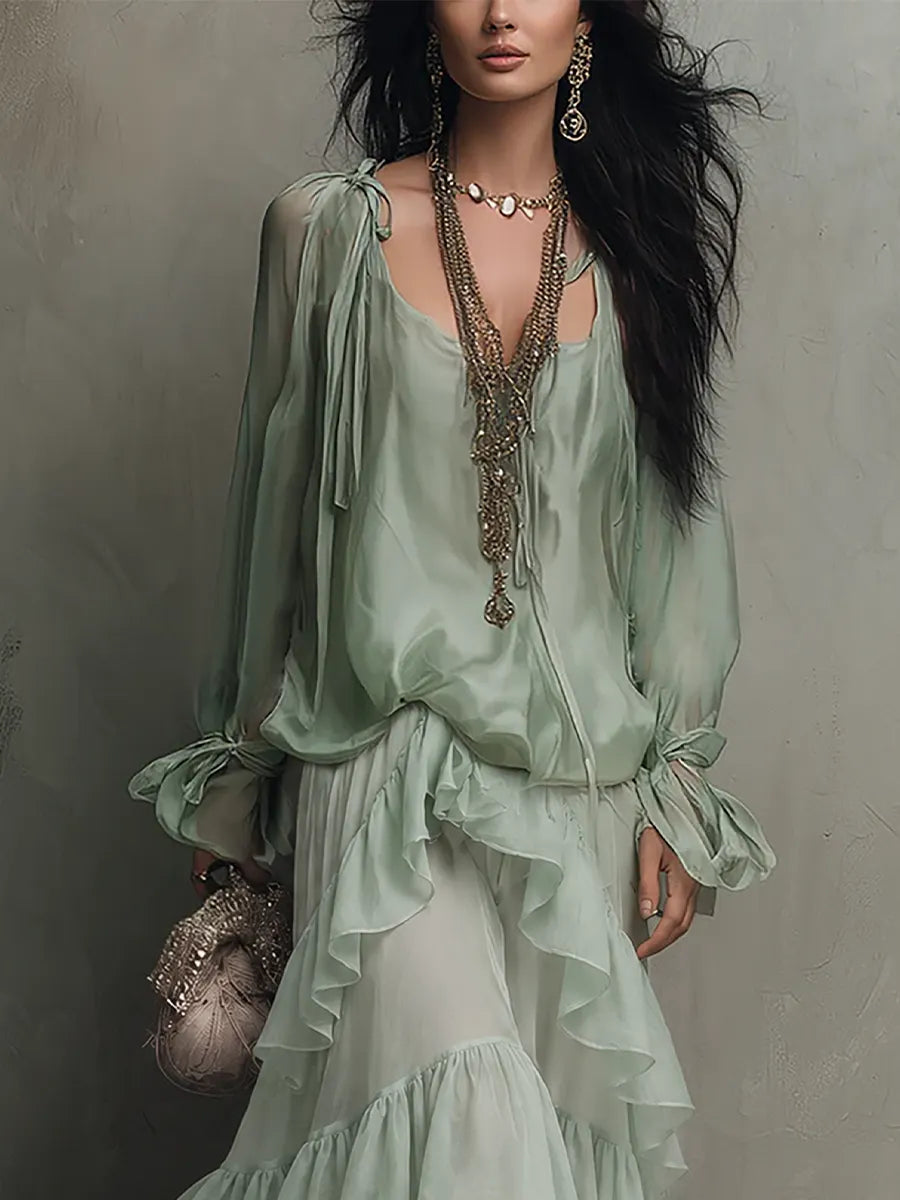 Bohemian Mint Chiffon Ruffle Blouse With Layered Skirt