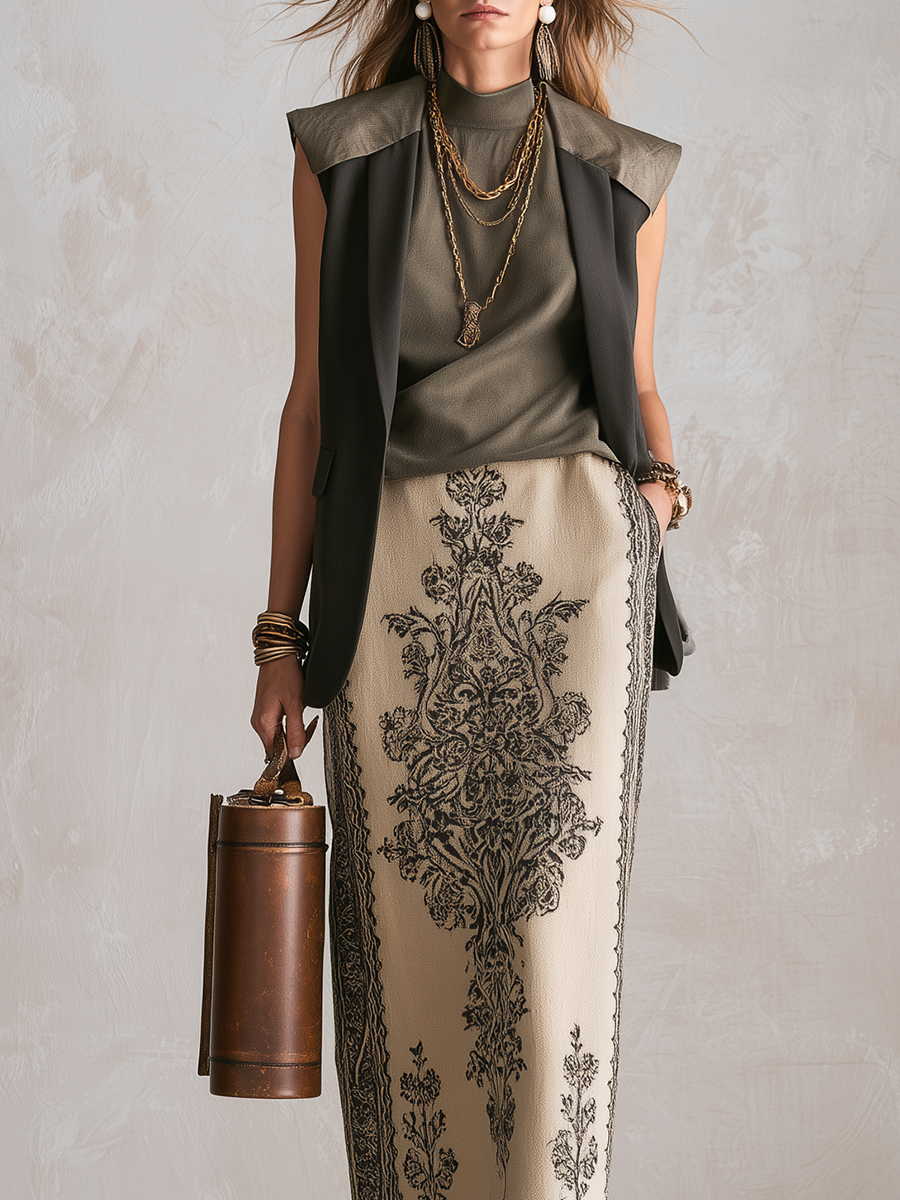 Bohemian Olive Green Sleeveless Vest And Skirt Set