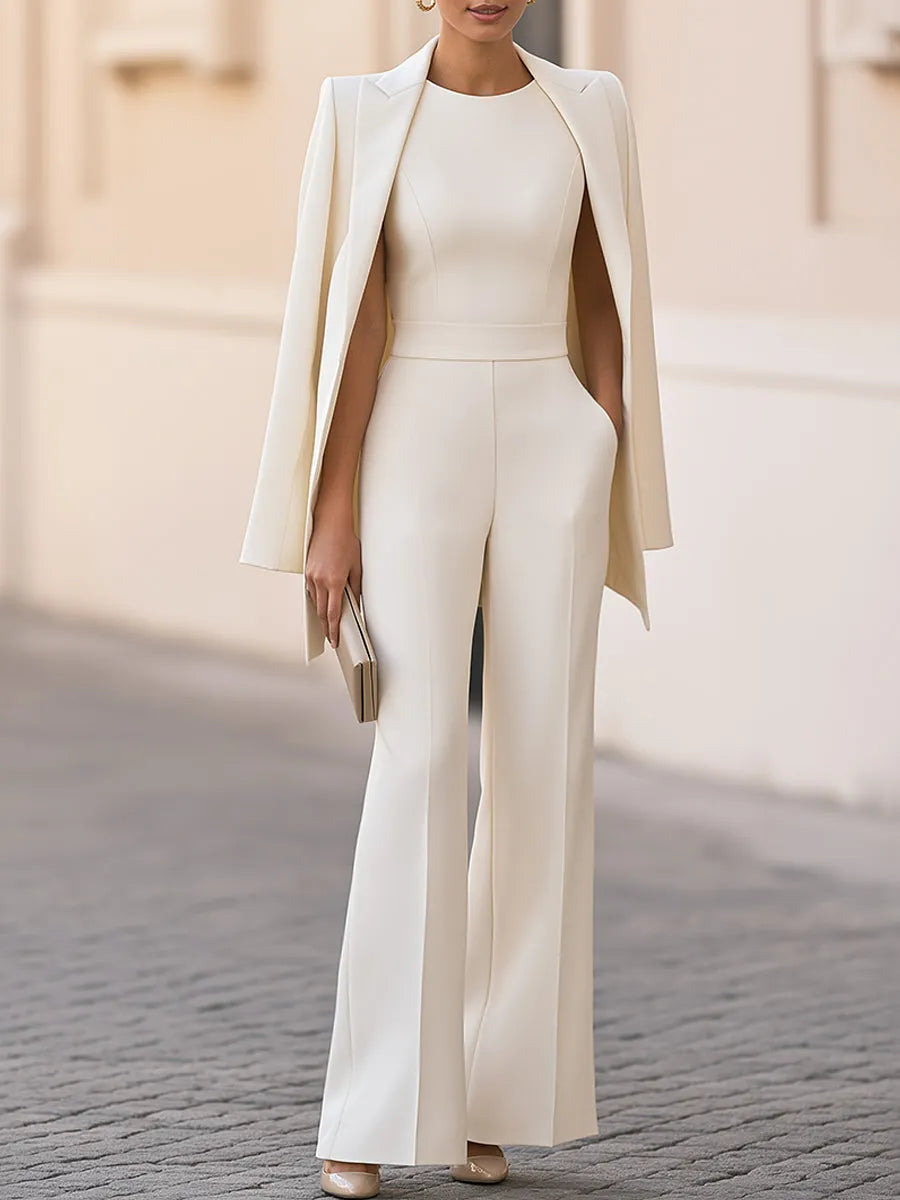 Elegant Cape-Style Blazer And Sleeveless Wide-Leg Jumpsuit Two-piece Set