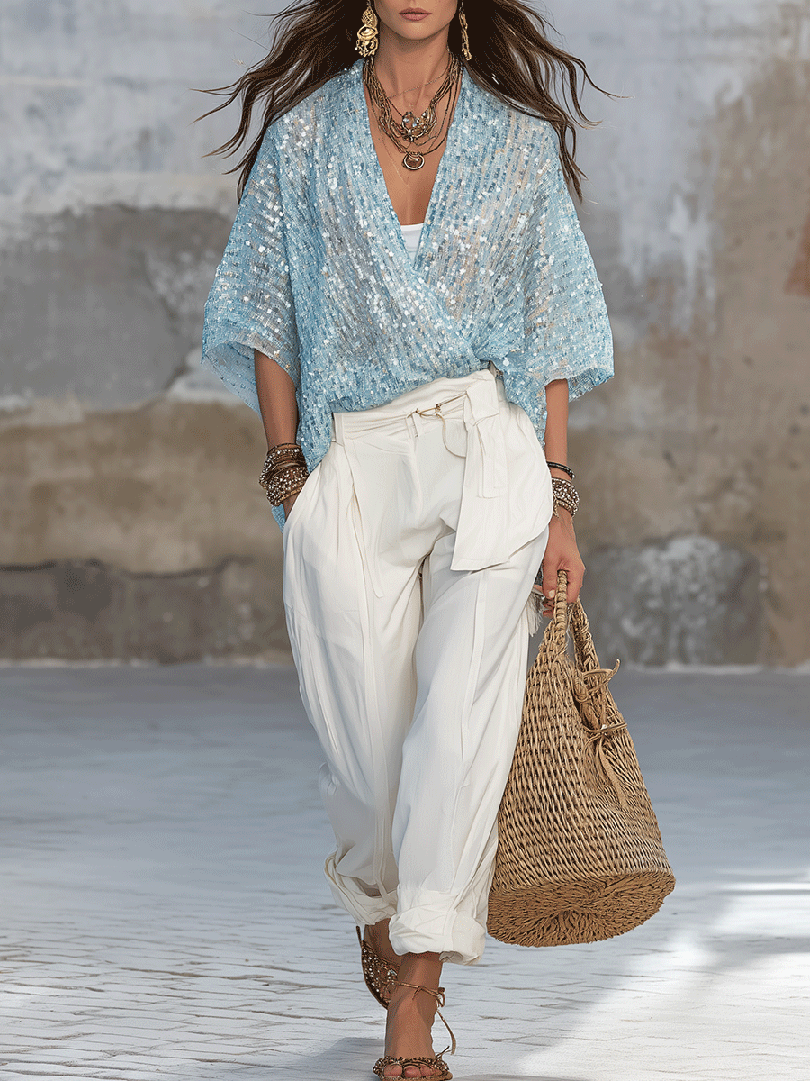 Chic Boho Light Blue Sequin Top With Relaxed White Tie-Waist Pants