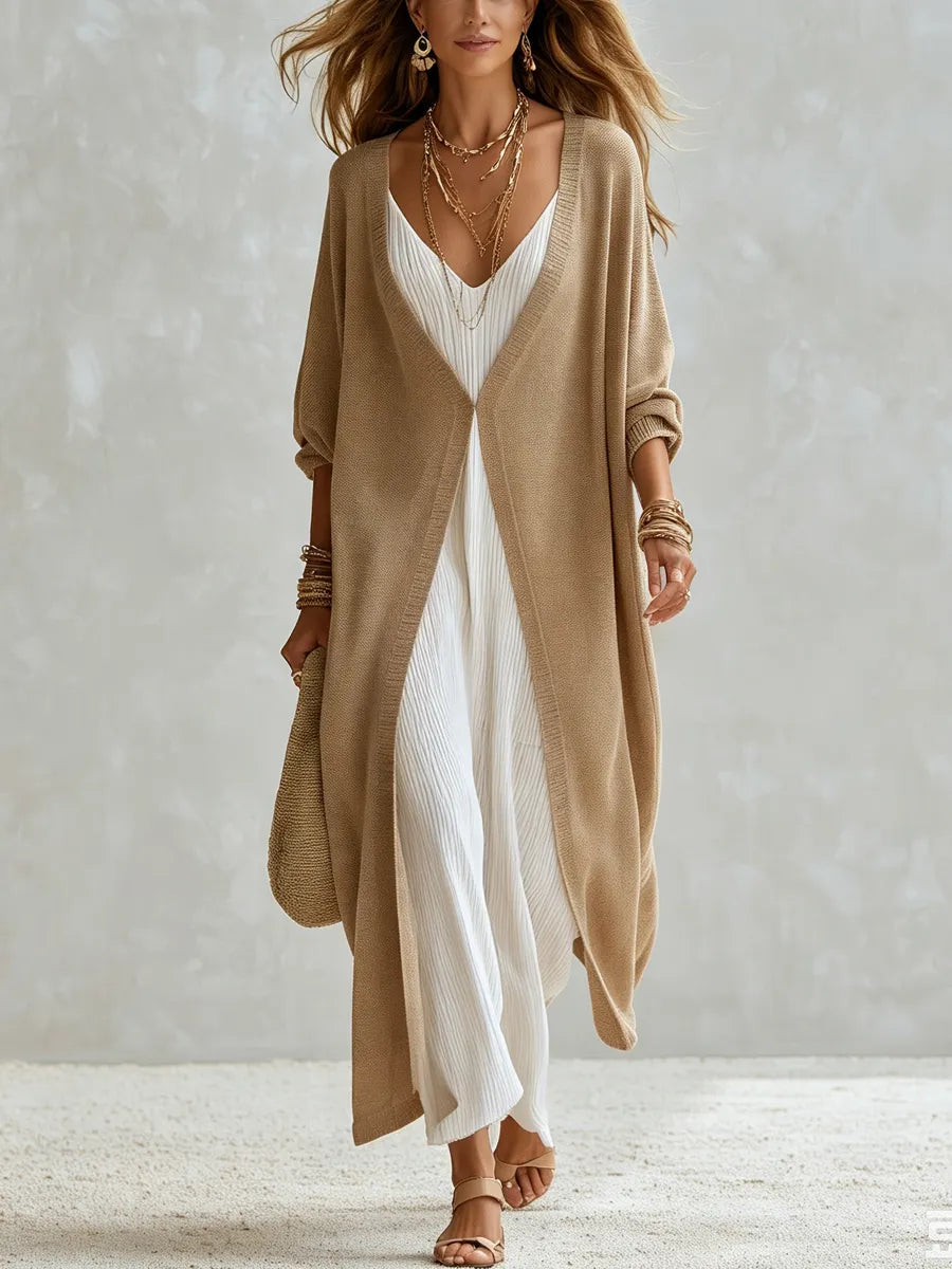 Bohemian Camel Knit Cardigan Camisole Dress Set