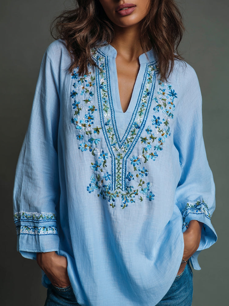 Women's Floral Embroidered Art Print Flowy Linen Blend Casual Tunic