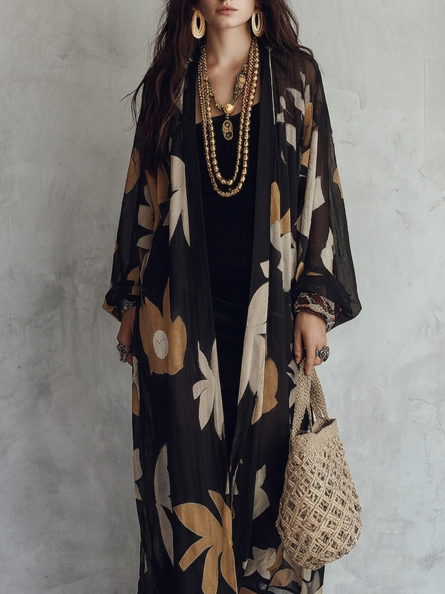 Boho Long Sleeve Maxi Duster Cardigan Cover-Up