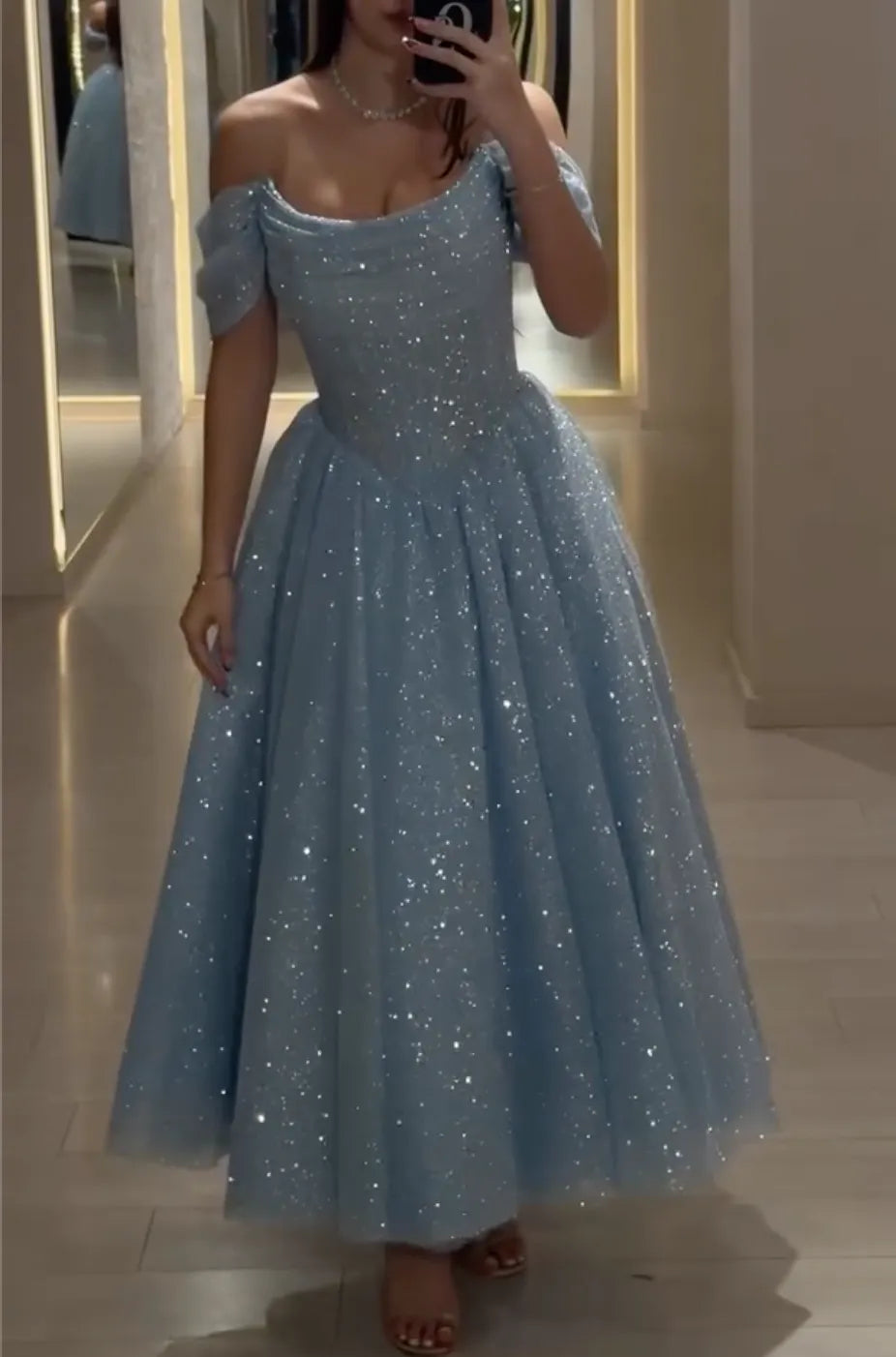 Pink/Blue Glitter Tulle Midi Dress with Off-the-Shoulder Puff Sleeves & Corset Bodice