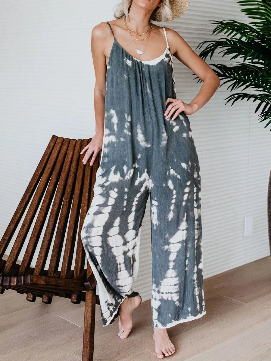Casual Artistic-print Linen And Cotton Jumpsuit
