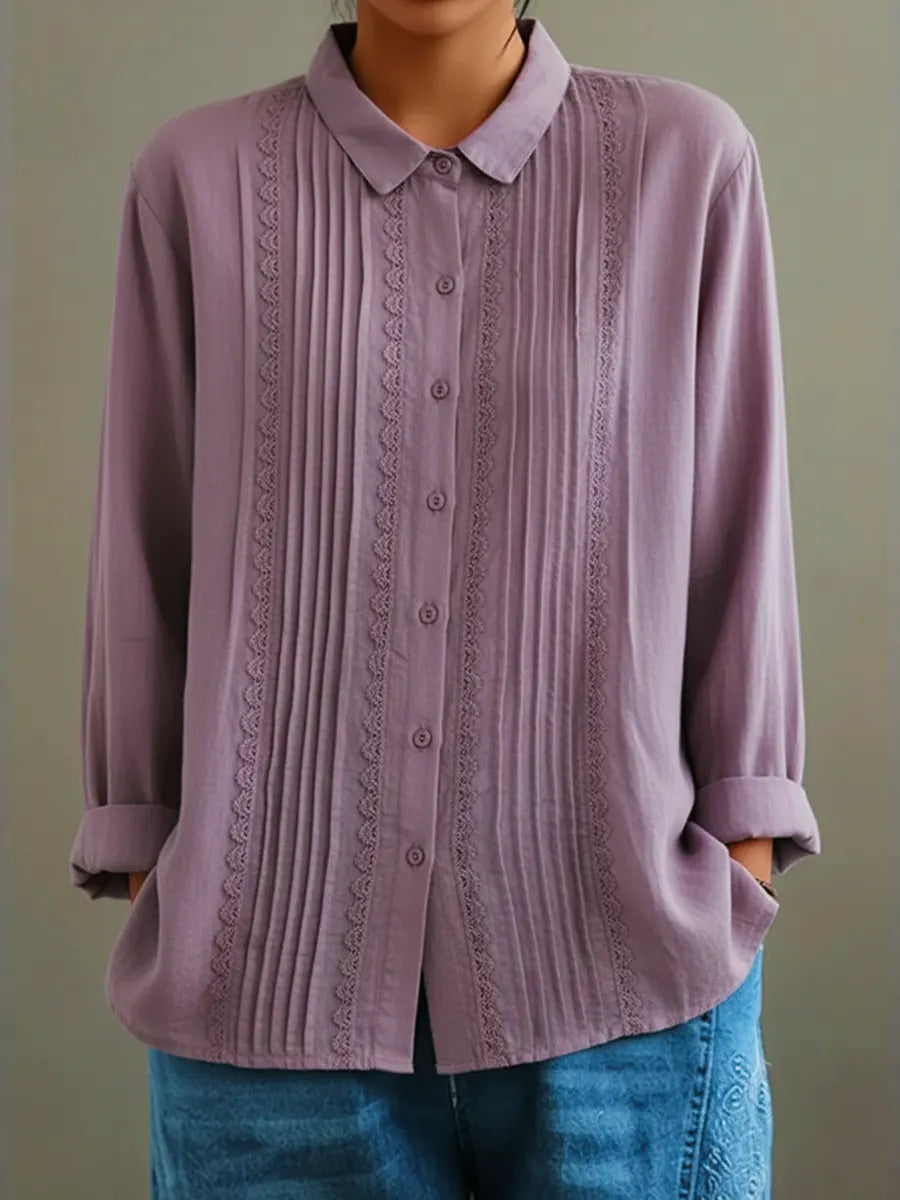 Women's Patchwork Lace Trim Linen And Cotton Pleated Shirt