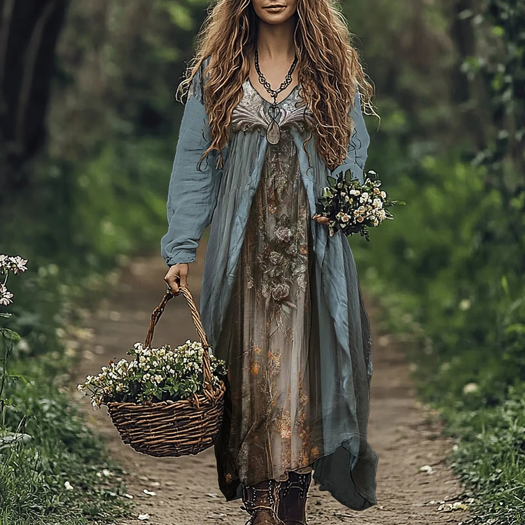 Vintage Floral Print Loose Midi Dress