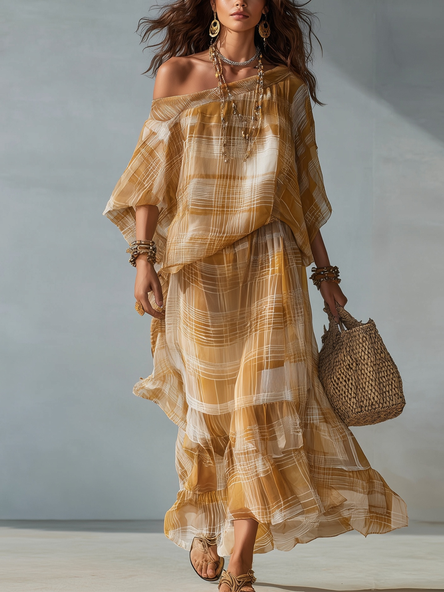 Bohemian Mustard Plaid Chiffon Two Piece Skirt Set