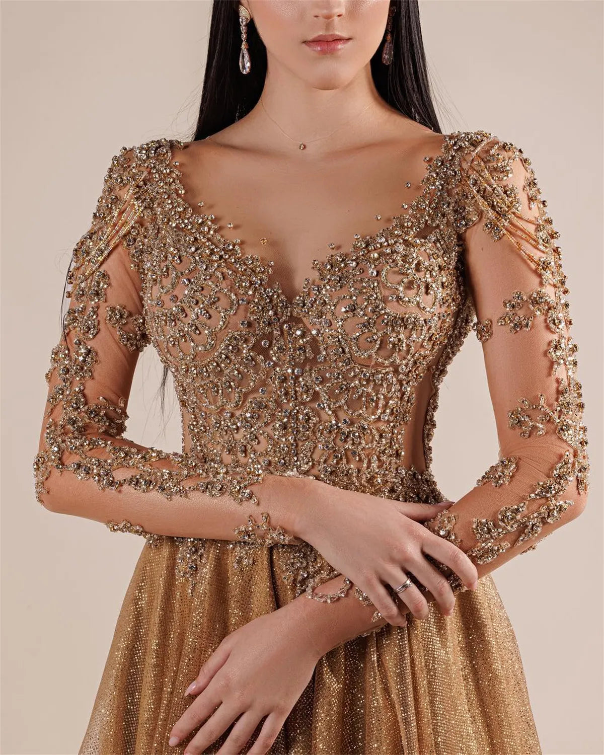 Women's V-neck Long Sleeve Mesh Sequin Dress - 01