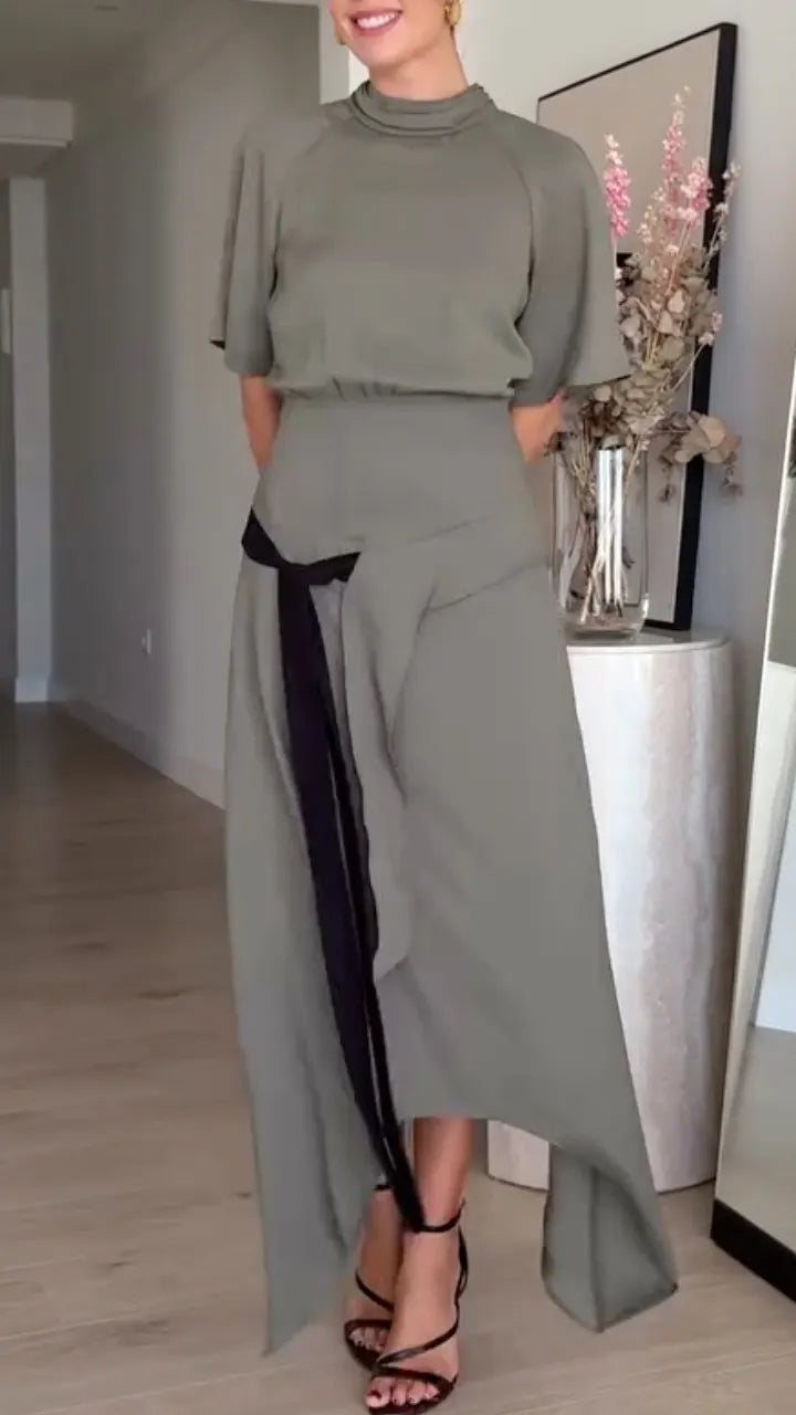 High Neck Short Sleeve Wrap Waist Dress