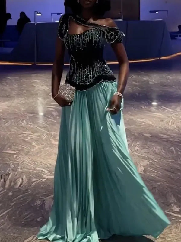 Sexy U-neck One-shoulder Rhinestone Asymmetric Cutout Formal Maxi Dress