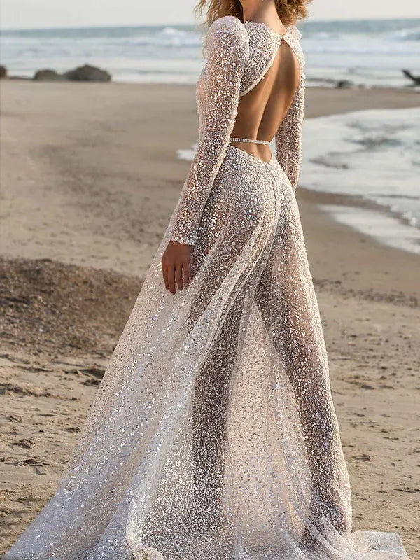 Sequins Deep V-Neck Long Sleeves Wedding Maxi Dress