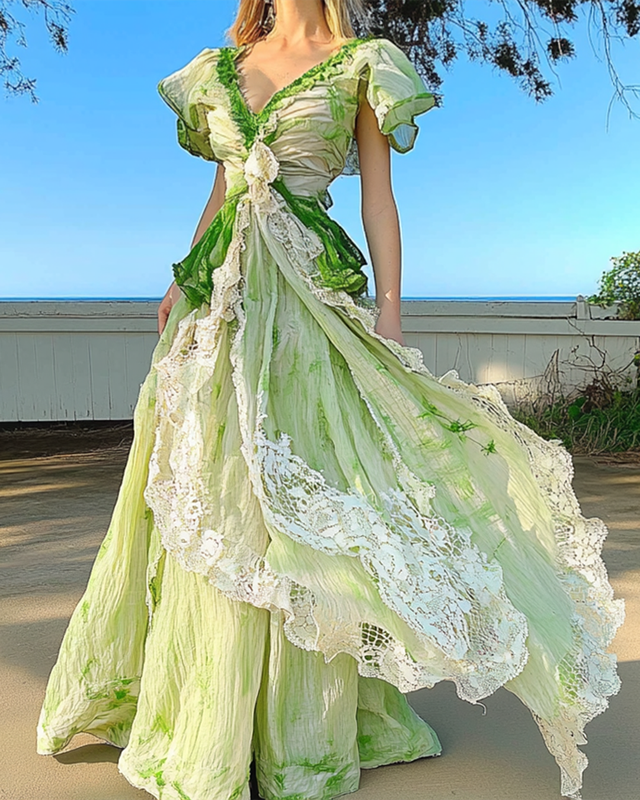 Summer Vacation Seaside Ruffle Lace Patchwork Dress c7ab
