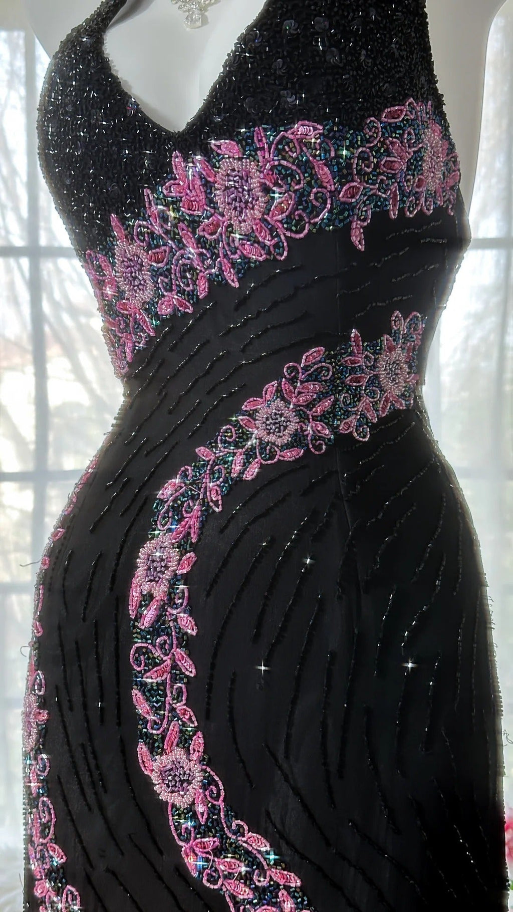 Black Shiny Vintage Elegant Romantic Delicate Pink Floral Beading Long Chiffon Homecoming Ball Gown Evening Dress Birthday/Wedding Guest/Holiday Party Dress Prom Dress 4025