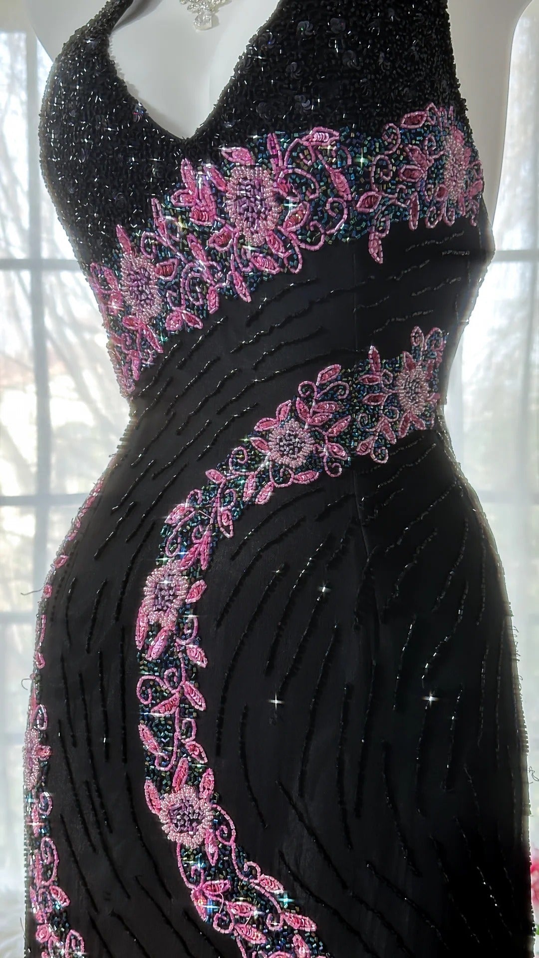 Black Shiny Vintage Elegant Romantic Delicate Pink Floral Beading Long Chiffon Homecoming Ball Gown Evening Dress Birthday/Wedding Guest/Holiday Party Dress Prom Dress 4025