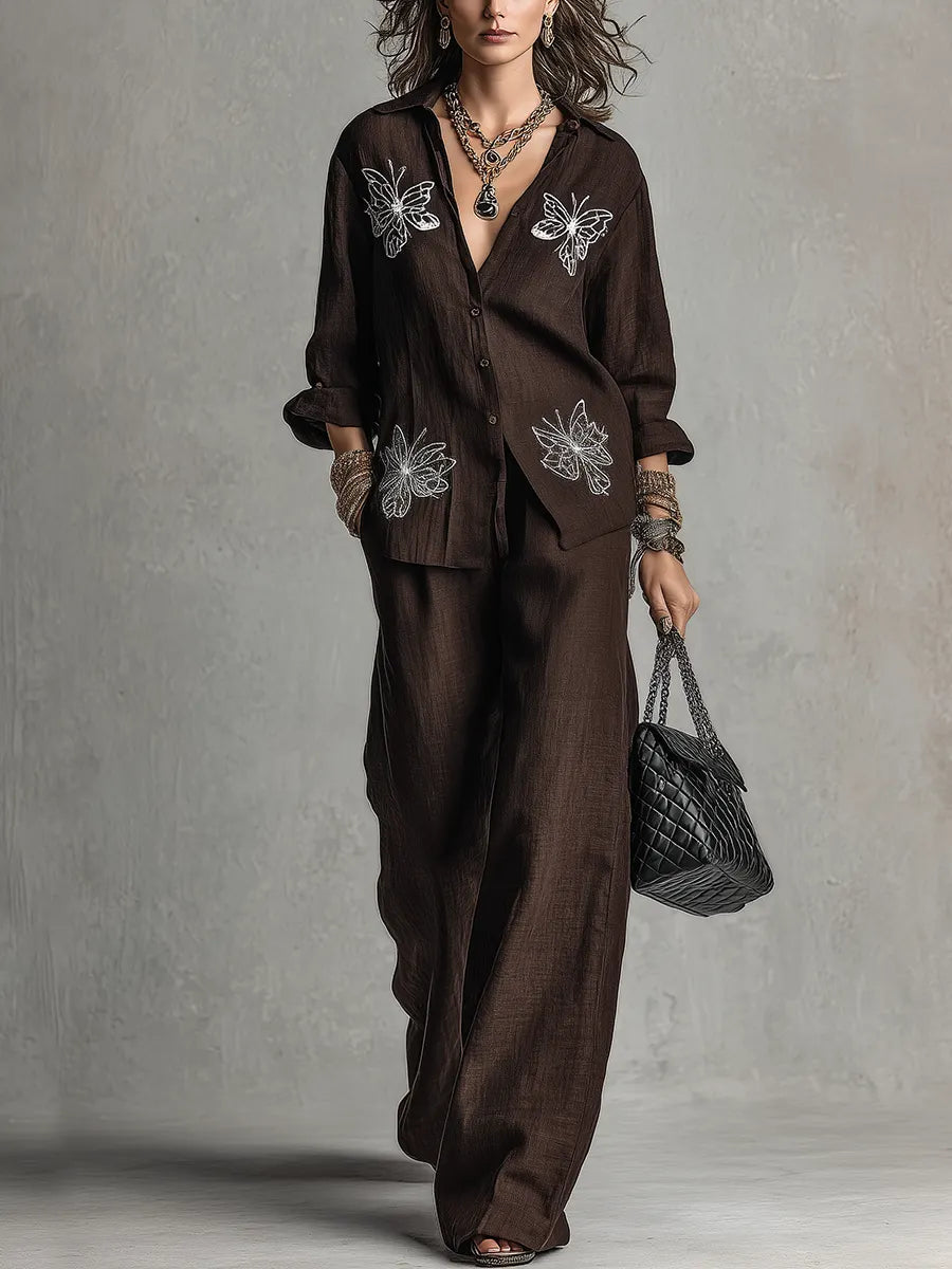 Bohemian Coffee-colored Embroidered Linen Suit
