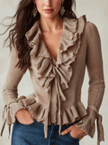 Romantic Boho Knit Cascade-Ruffle Deep-V Peplum Camel Cardigan