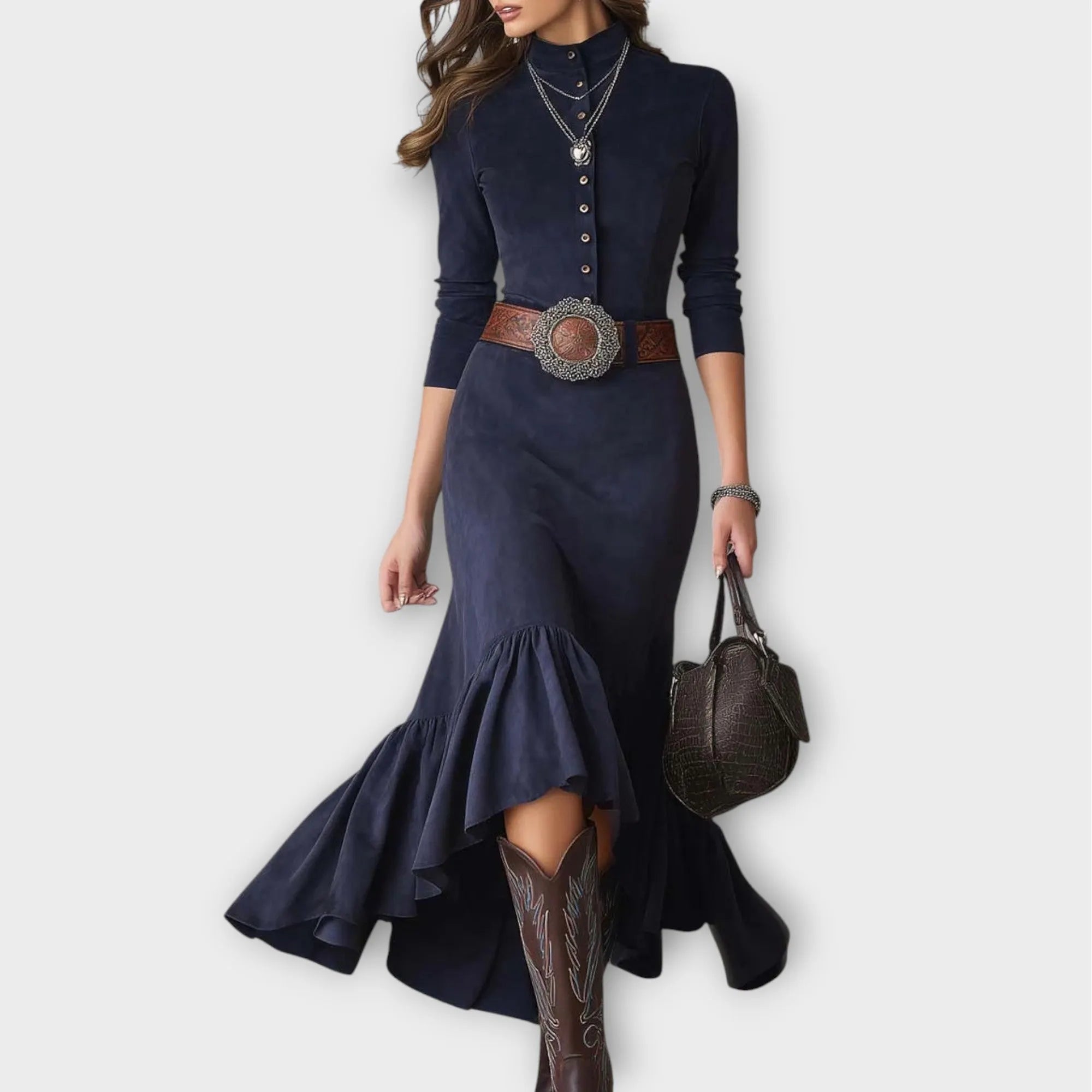 Western Ruffle-Hem Button Midi Dress