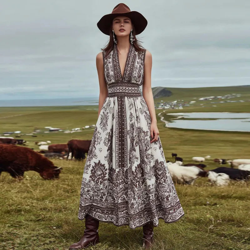 Women's Vintage Western Paisley Print Tank Midi Dress