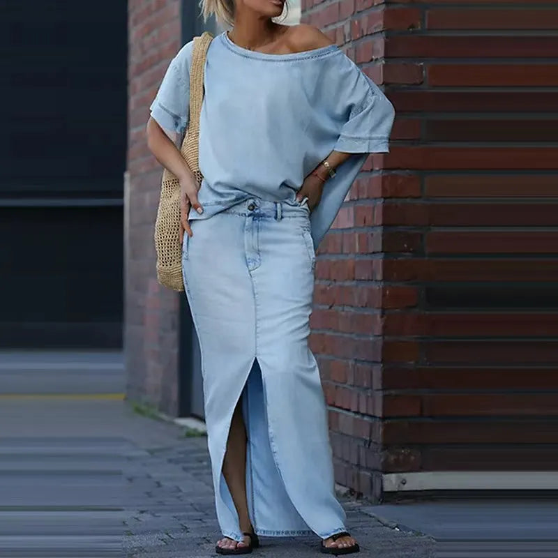 Off-Shoulder  Top & Front-Slit Maxi Skirt Set
