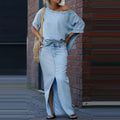 Off-Shoulder  Top & Front-Slit Maxi Skirt Set