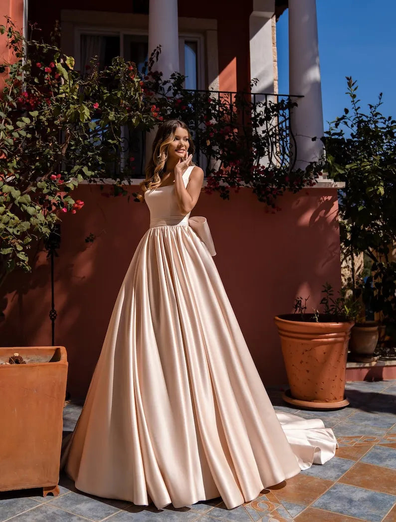 Long Train Wedding Dress, Ivory Wedding Dress, Extra Large Bridal Bow Belt, Sweep Train Dress, Dreamy Bridal Dress, Satin Wedding Dress