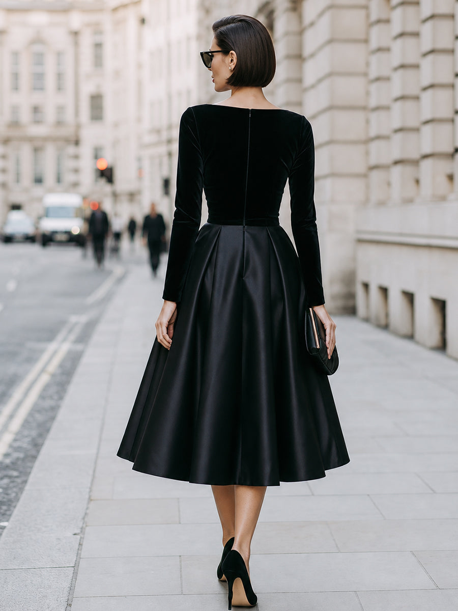 Velvet Bodice Full A-Line Midi Dress