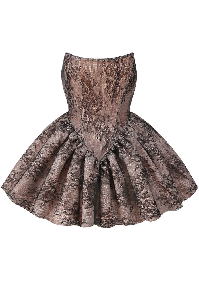 Strapless Floral Lace Puff Dress Taupe