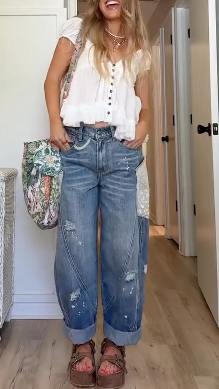 Short‑Sleeve Top & Distressed Patchwork Denim Jeans Co‑Ord Set