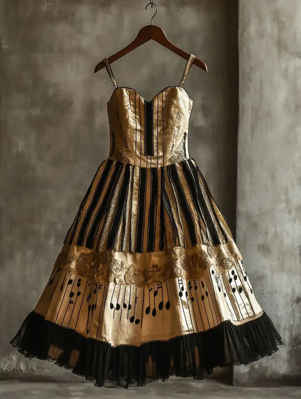 Retro Elegant Music Theme Irregular Stitching Dress 22ca