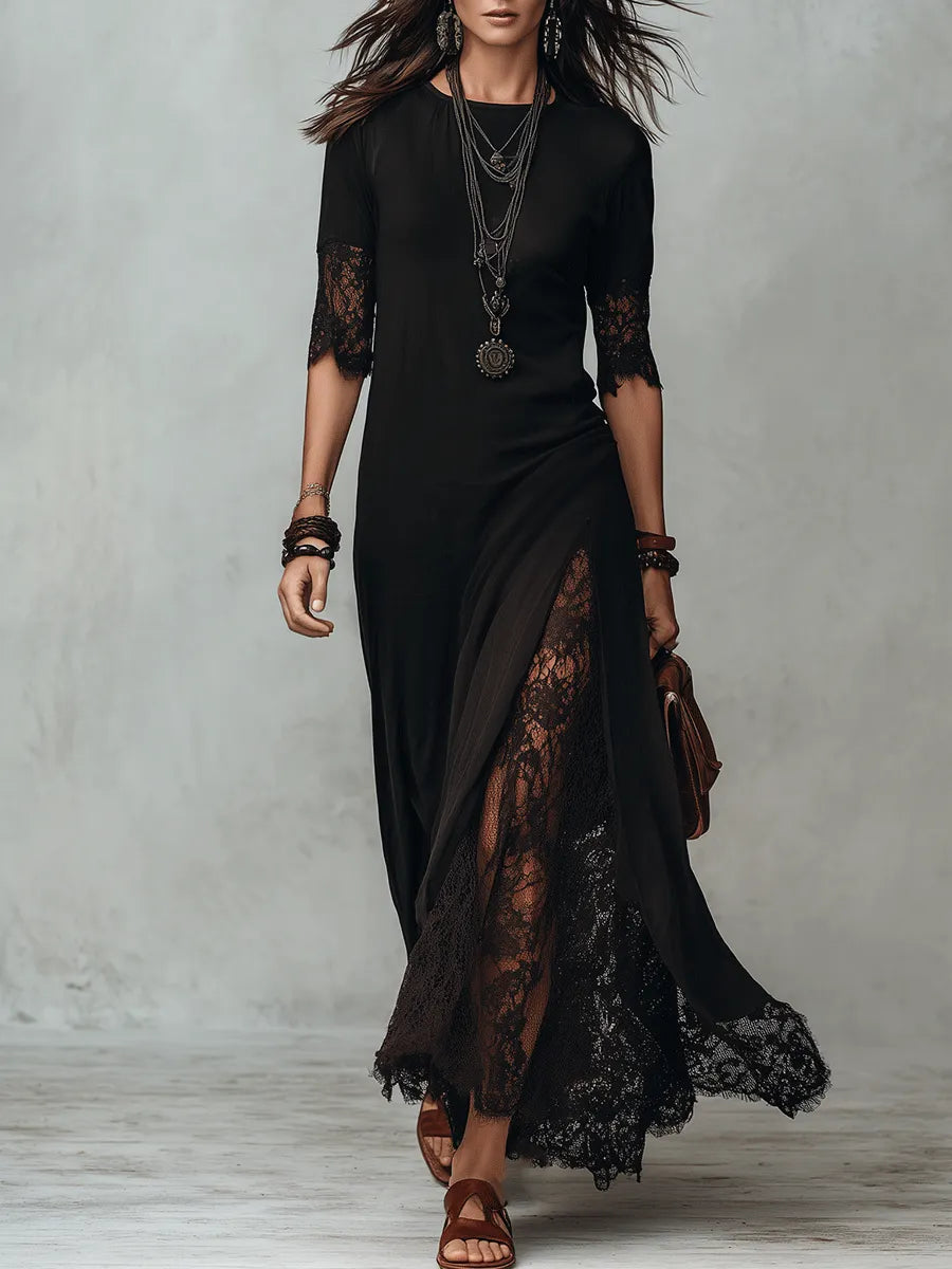 Romantic Gothic Sheer Lace Half-Sleeve Black Maxi Dress