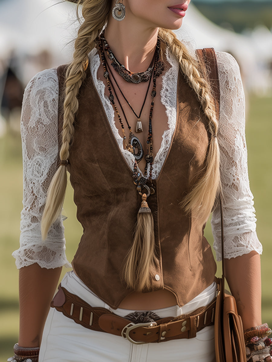 Romantic Western Style Lace Sleeves Brown Suede Shirt