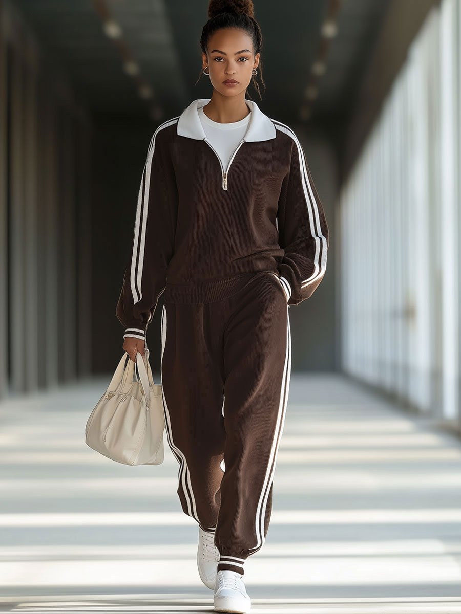 [24-hour shipping out]Casual Loose Retro Striped Polo Collar Zipper Sports Sweatshirt Set