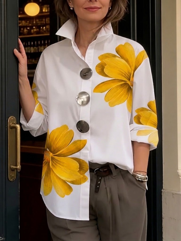 Casual Cotton Shirt With Decorative Buckle And Artistic Floral Print
