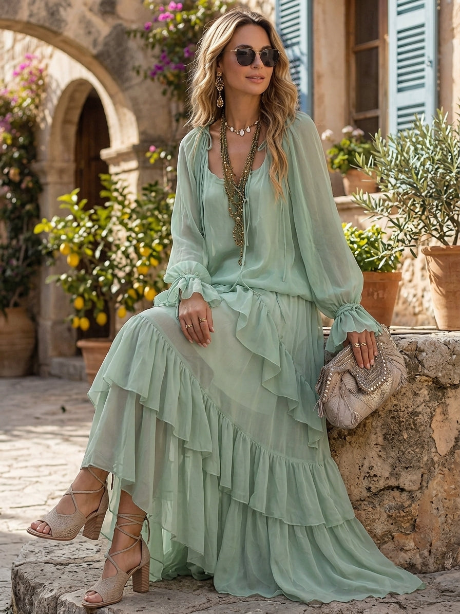 Bohemian Mint Chiffon Ruffle Blouse With Layered Skirt