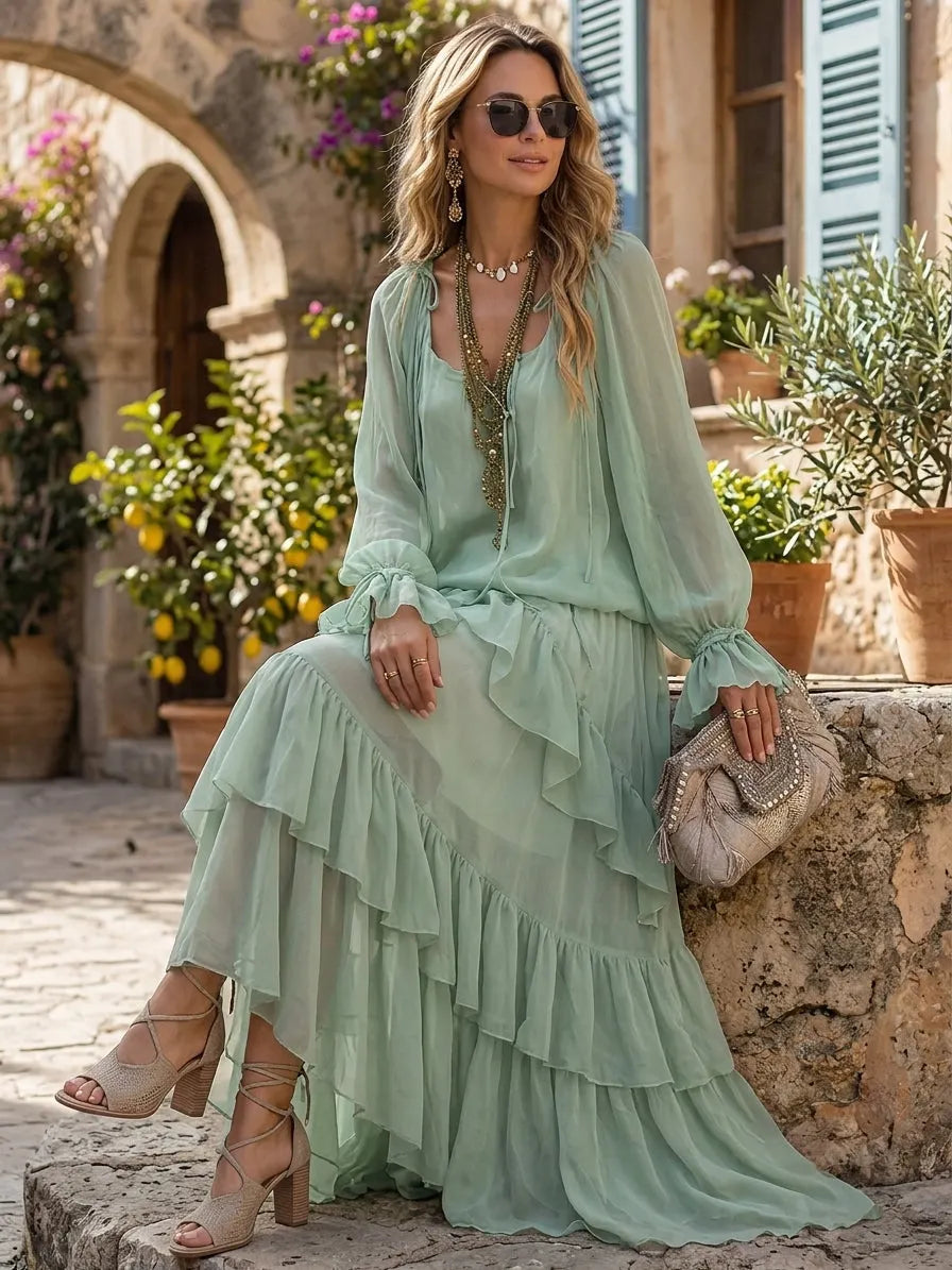 Bohemian Mint Chiffon Ruffle Blouse With Layered Skirt