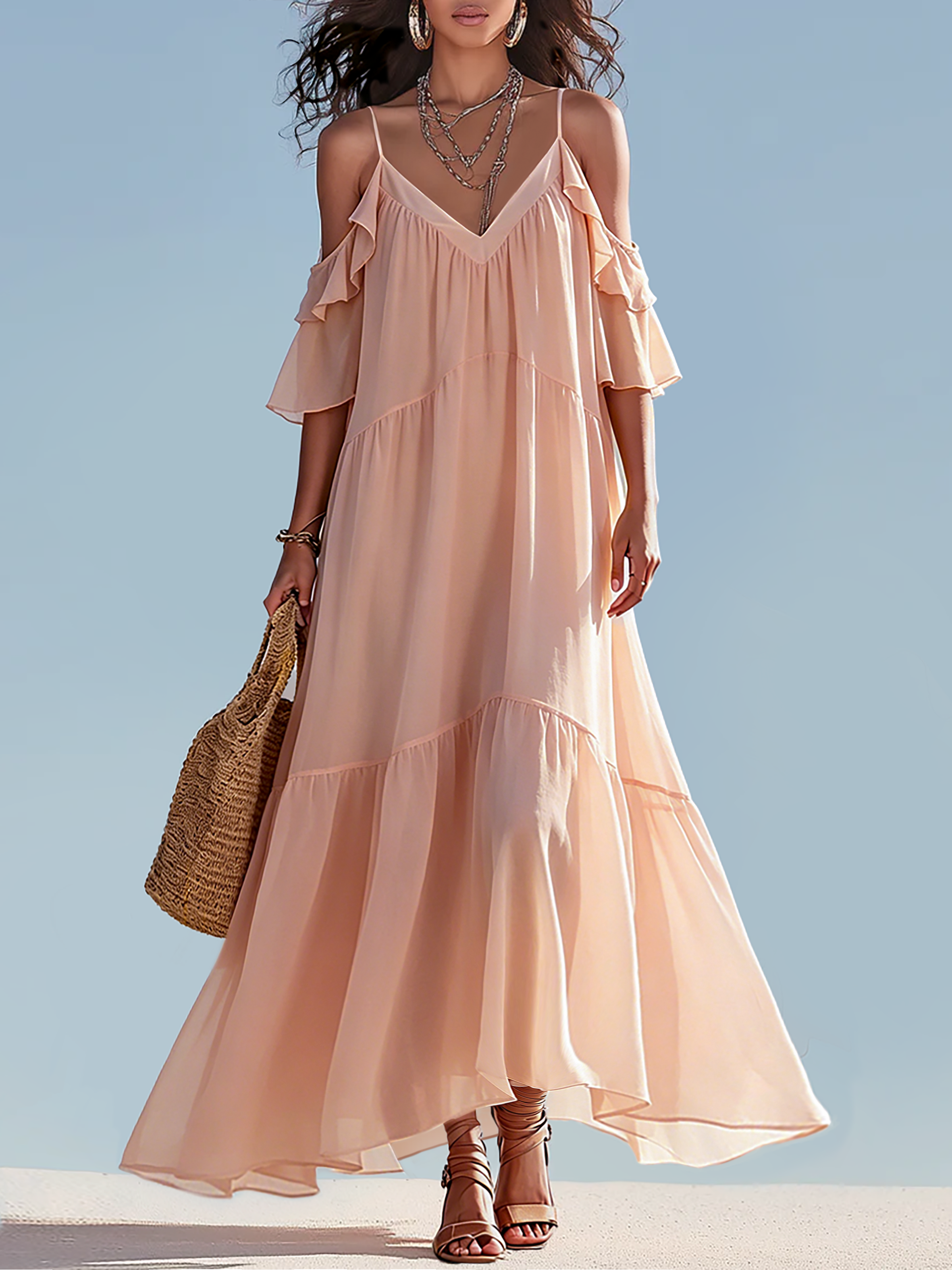 Dreamy Blush Pink Cold-Shoulder Chiffon Maxi Dress