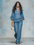 Women's Sheer Ruffle Blouse & Wide Leg Pants Two-Piece Set