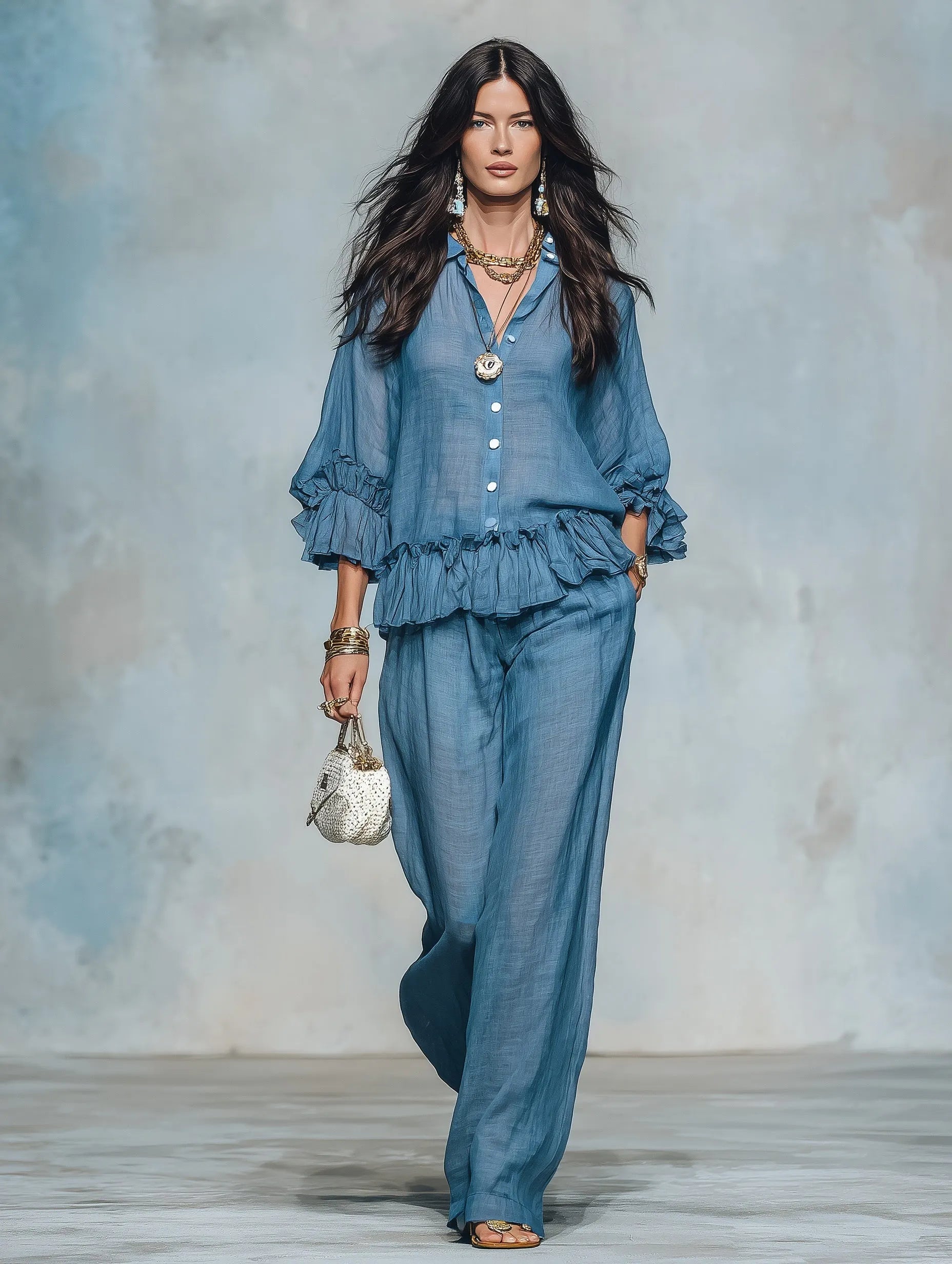 Women's Sheer Ruffle Blouse & Wide Leg Pants Two-Piece Set