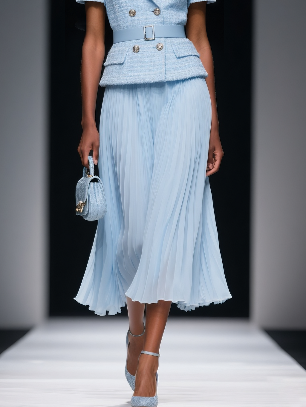 Women Light Blue Tweed Pleated Buckle Lapel Collar Short Sleeve Dressy Top With Skirt Two-Piece Set