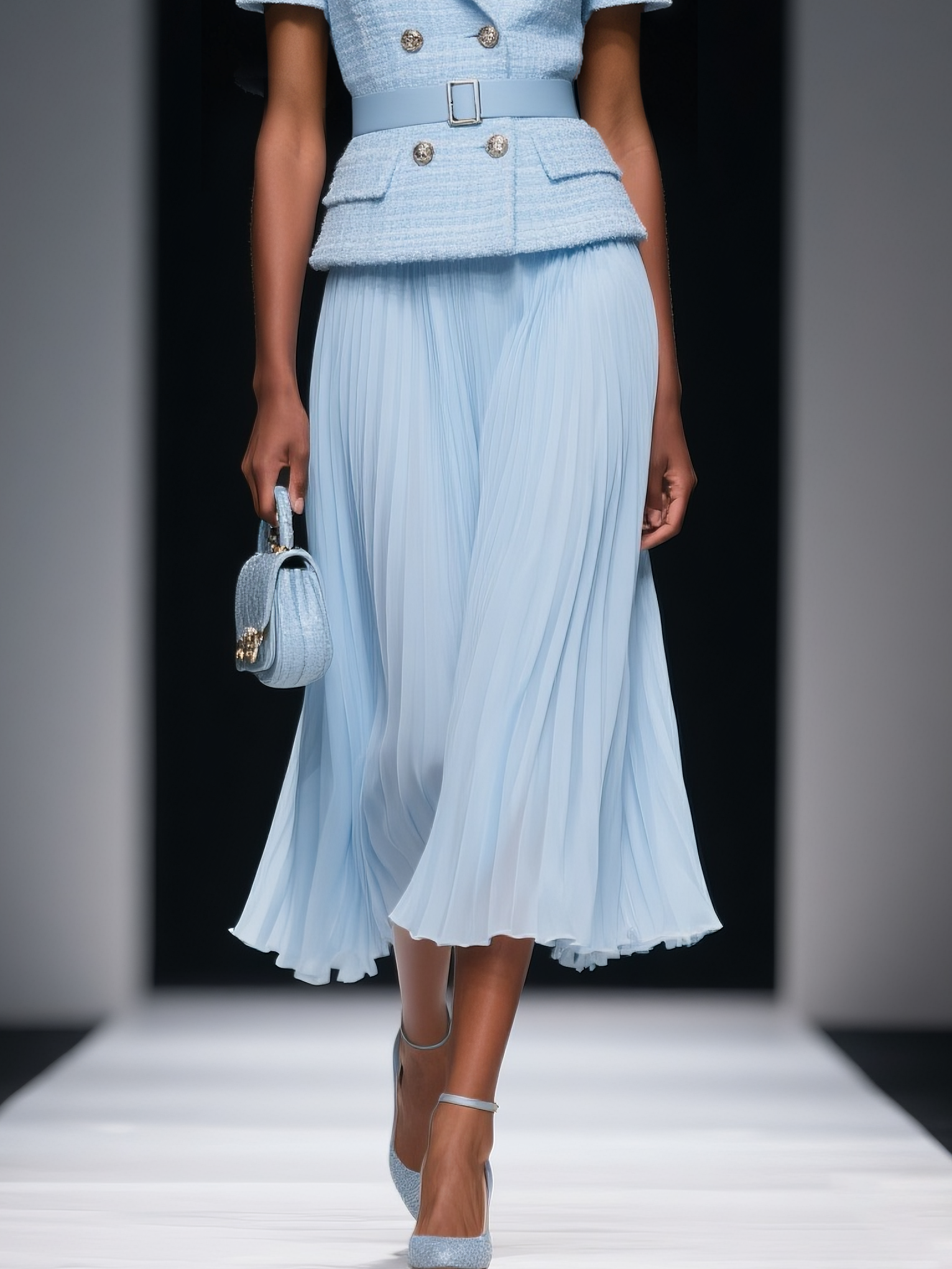 Women Light Blue Tweed Pleated Buckle Lapel Collar Short Sleeve Dressy Top With Skirt Two-Piece Set