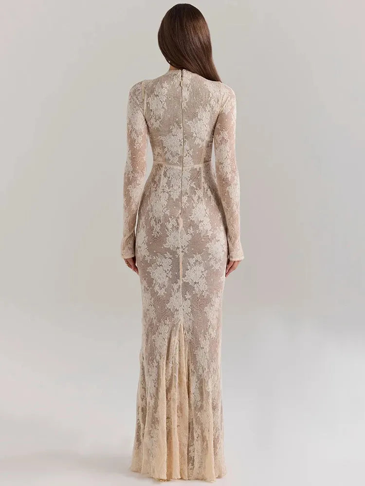 Aurelia Lace Mesh Long-Sleeve Maxi Dress – Sophisticated Evening & Occasionwear Dress