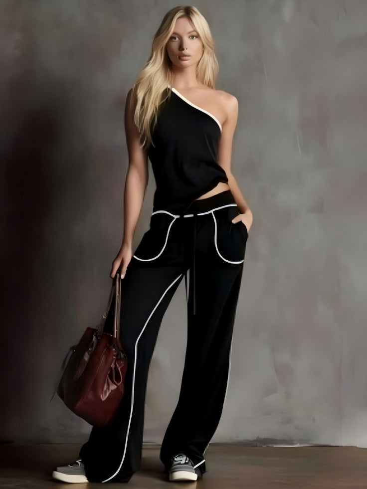 Women's Chic One-Shoulder Lounge Set - Contrast Piping Wide-Leg Pants & Asymmetric Top 2-Piece Outfit