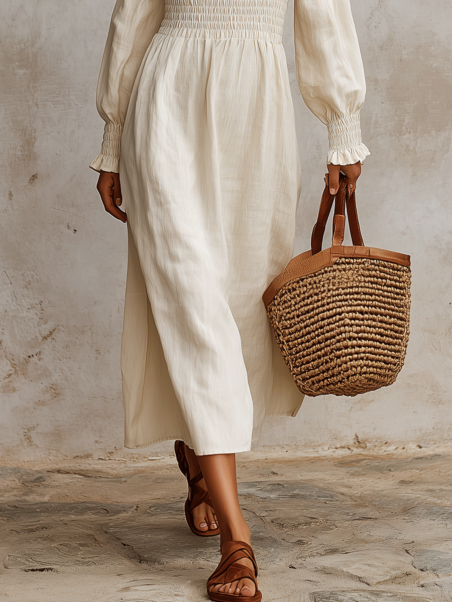 Bohemian Smocked Linen Off-Shoulder Maxi Dress