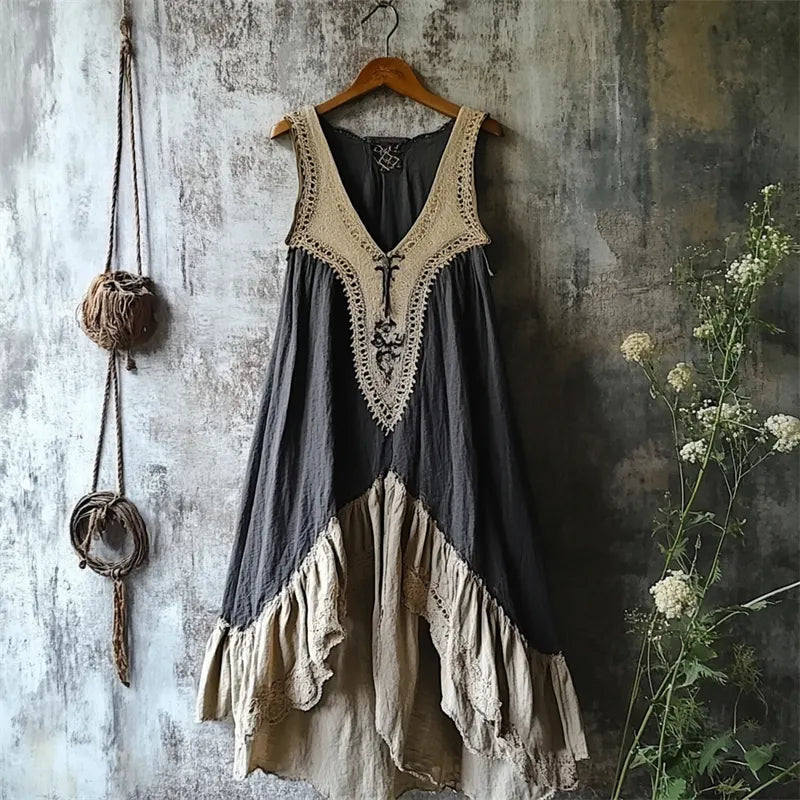 Vintage Lace Patchwork Ruffle Bottom Linen Tank Dress