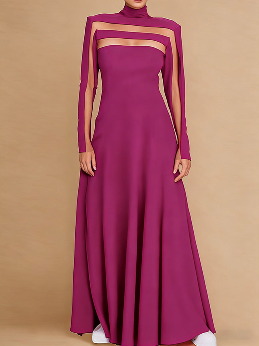 A-Line Long Sleeves Split-Joint High Neck Maxi Dresses