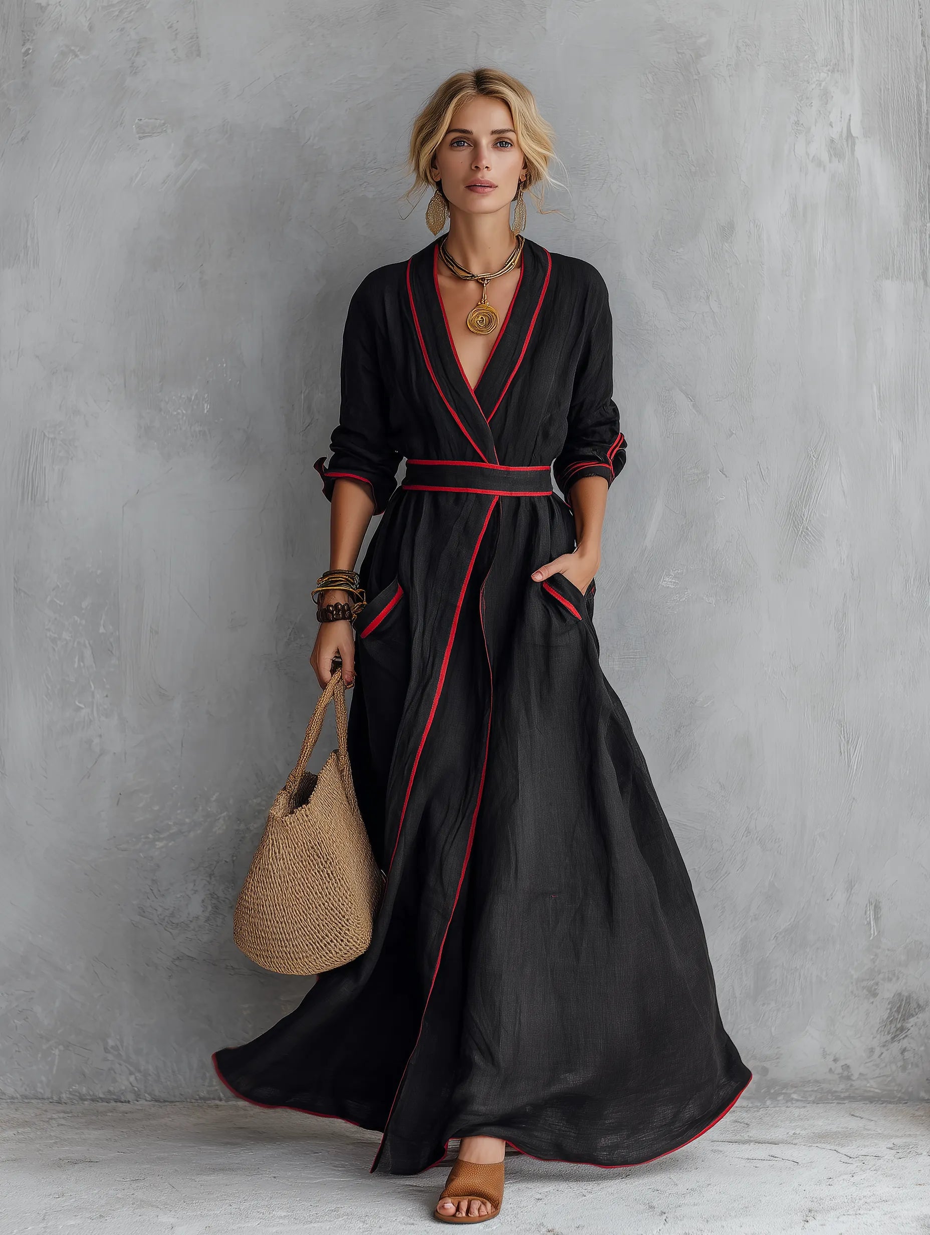 Boho Luxe Contrast Trim Wrap Maxi Dress