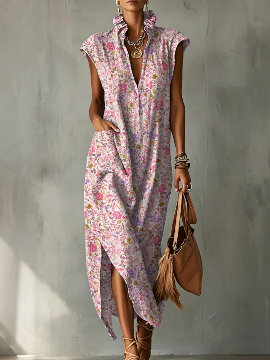 Elegant Floral Decorative Pattern Women's No Sleeve Bud Collar Linen Cotton Dress